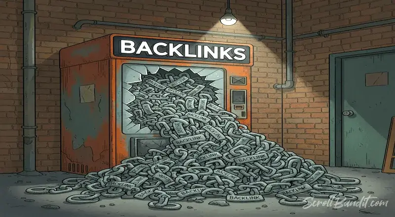 Flat illustration of a vending machine churning out digital links, representing automated link building.