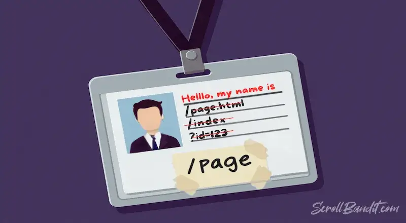 Cartoon staff name badge with multiple URLs like /page.html, /index, and ?id=123 crossed out, and a taped-on label showing the correct canonical /page.