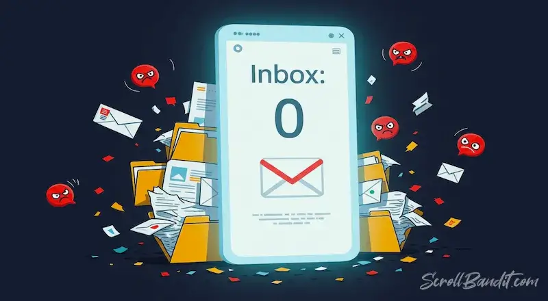 Cartoon computer screen showing Gmail Inbox Zero, engulfed in flames and smoke - a parody of productivity culture.