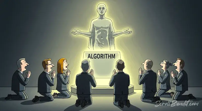 Businesspeople kneeling before a glowing statue labeled “Algorithm,” symbolizing blind faith in social media and search platforms.