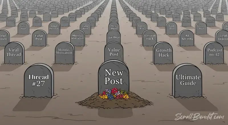 Cartoon graveyard filled with tombstones labeled Viral Thread, Value Post, Growth Hack, Ultimate Guide, and New Post with flowers - representing dead and forgotten online content.