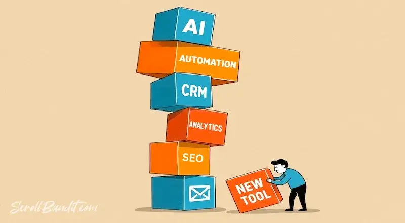 Illustration of a marketer adding another block labeled “New Tool” to a tall, unstable tower made of marketing software labeled AI, Automation, CRM, Analytics, SEO, Email - symbolizing tool overload.