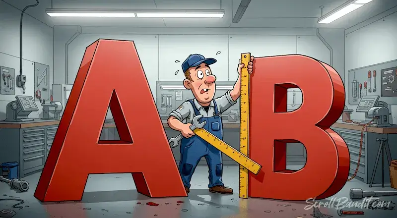 A cartoon mechanic measuring and adjusting giant A and B letters inside a workshop, representing font metric fixes.