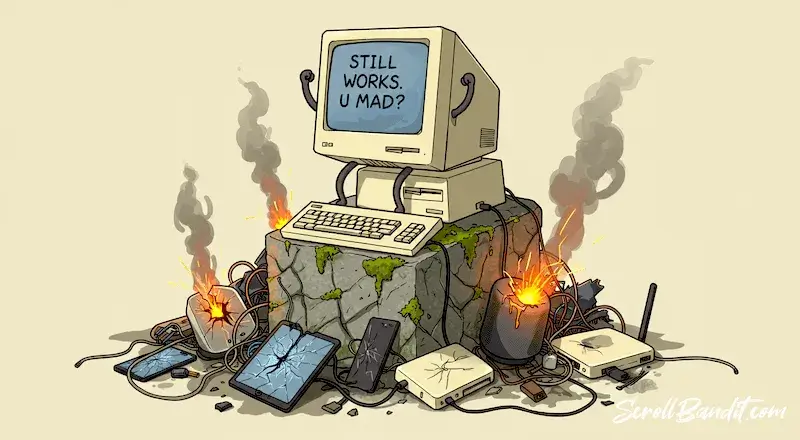 Cartoon of a vintage computer proudly sitting on a stone pedestal with the screen text “Still works. U mad?” surrounded by smoking, broken modern gadgets. A satirical take on old tech outlasting new “smart” devices.