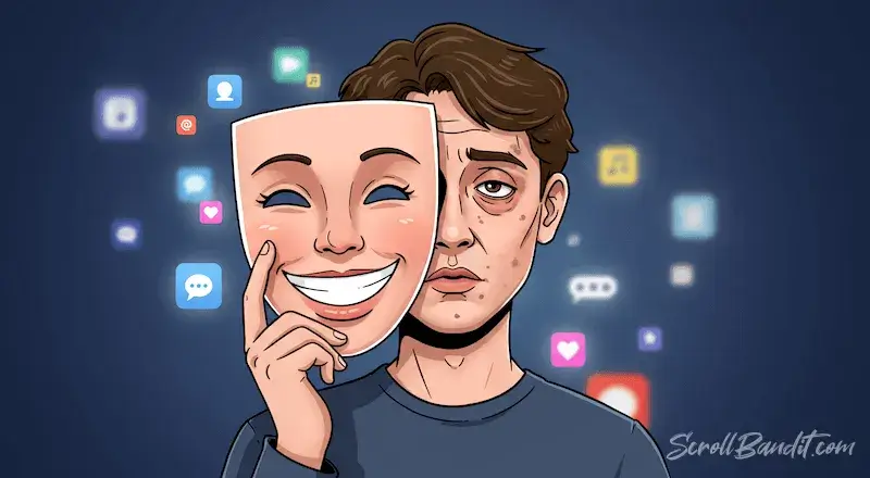 A tired person holds a smiling mask covered in social media icons. A satire on fake online personas and personal branding.