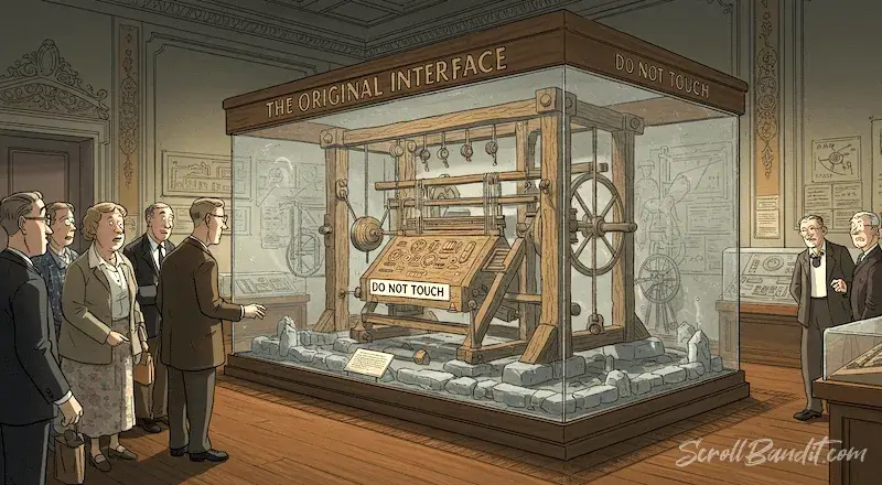 People in a museum admire “The Original Interface” behind glass, labeled “Do Not Touch” - Parody of tech worshipping old designs it once broke.