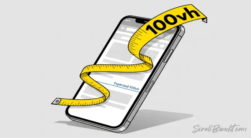 A smartphone wrapped in a yellow tape measure labeled “100vh,” symbolizing viewport height issues on mobile.